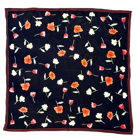 Silky Scarf Black & Multicolor floral neckerchief red green yellow small square - Picture 1 of 6